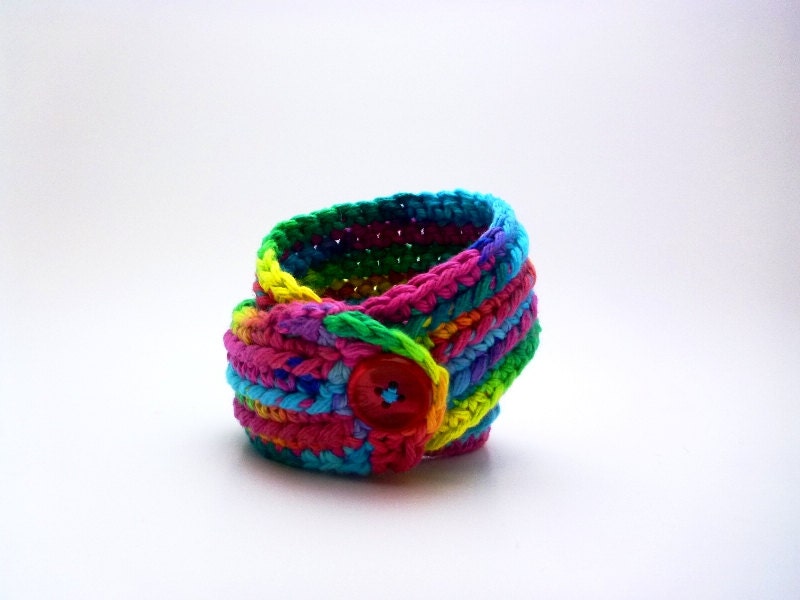NEW Handmade Crocheted 100% Cotton Double Wrap Bracelet Cuff - Rainbow
