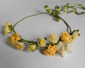 Floral Hair Wreath / Bridesmaid Yellow Ivory Green Flower Crown / Festival Headband / Handmade Summer Party Hair Accessory for Women