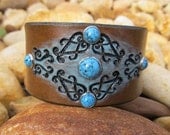 Hand Painted Tooled Leather Cuff Bracelet - Wide - Antique Flourish with Turquoise Rivets - Womens