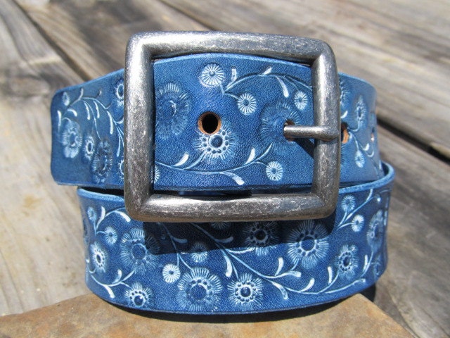 Hand Painted Tooled Leather Belt - Blue Flowers on a Floral Vine - All Adult and kid sizes available