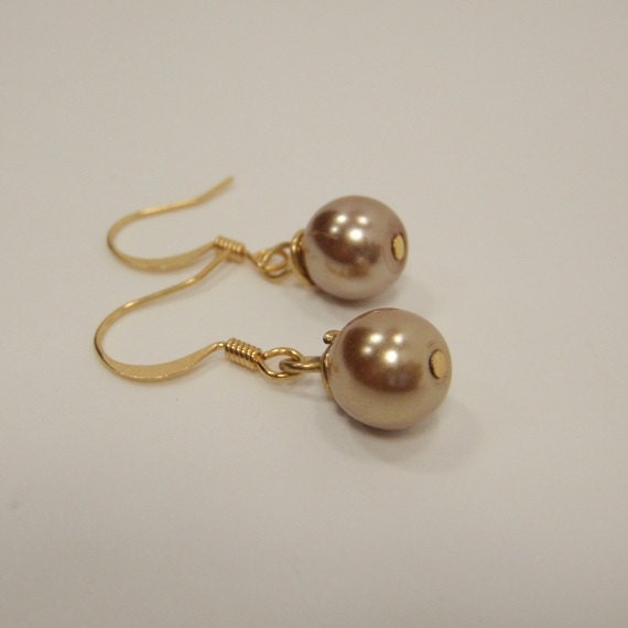 Gold Wire Wrapped Glass Pearl Bead Dangle Drop  Earrings - Wedding Bridal Bridesmaids Fashion Jewelry Gifts