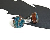 Round wooden stud post earrings copper shimmer blue hot pink black glitter teal green abstract design