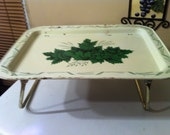 Vintage Tin TV Tray Table Green and Cream Color
