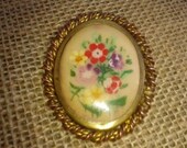 Hand Painted  Brooch 1950 Fabric French Brooch  Flowers/ Noun Daisy /Bouquet Twisted Brass Oval  Frame