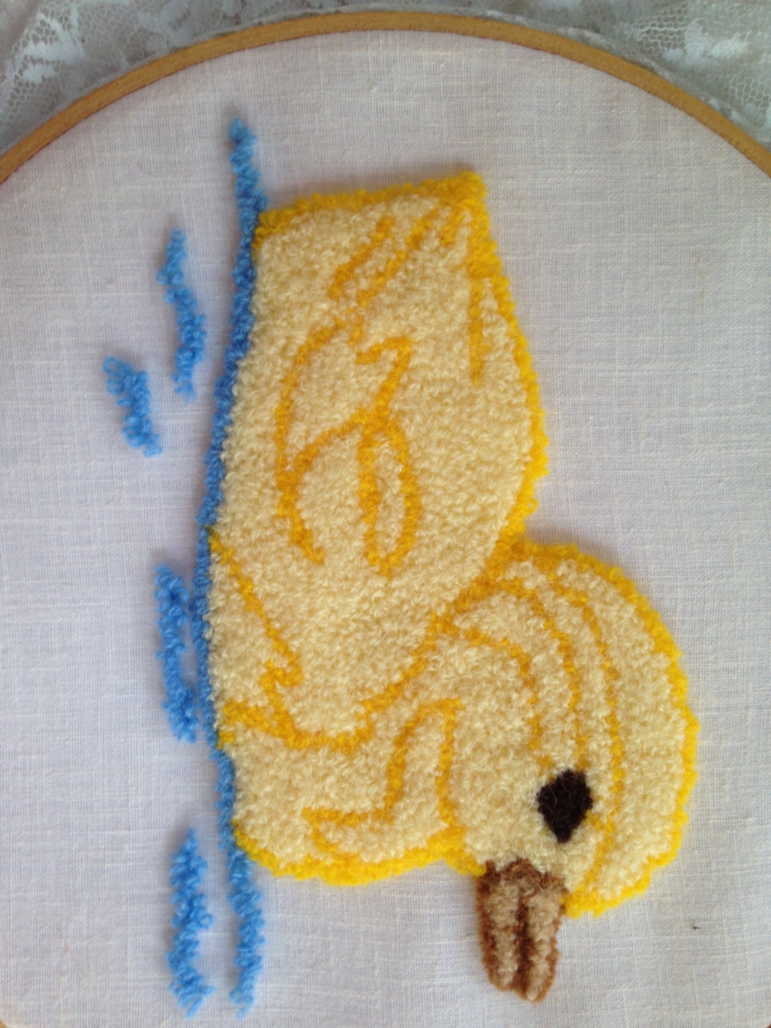 Vintage Yellow Rubber Ducky Punch Needle Embroidery Wall Hanging - Duck in Hoop - Nursery Room Home Decor for Baby