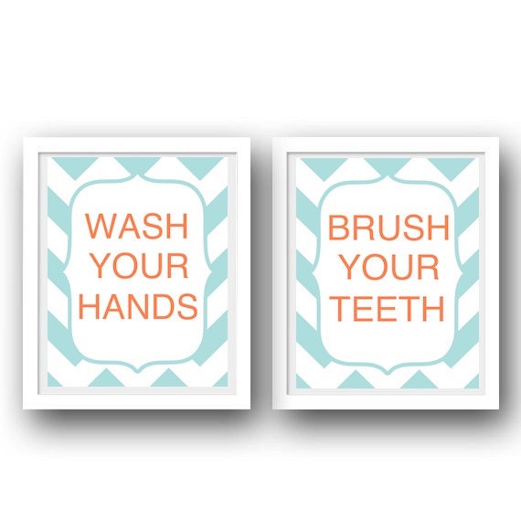 Bathroom Manners Set of 2 Prints- Aqua Coral Bathroom Decor- Kids Bathroom Prints- Wash Your Hands Brush Your Teeth