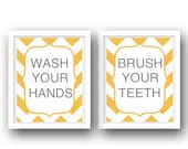 Bathroom Manners Set of 2 Prints- Gray Yellow Bathroom Decor- Kids Bathroom Prints- Wash Your Hands Brush Your Teeth
