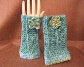 Fingerless Gloves Mittens Handmade Crocheted Woman Girl Wrist Arm Warmers Blue Greens Fingerless Crochet Handmade Accessory with  Flowers
