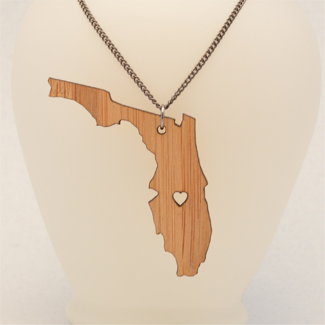 Florida Bamboo or Acrylic State Love Necklace with Heart - Laser Cut Jewelry