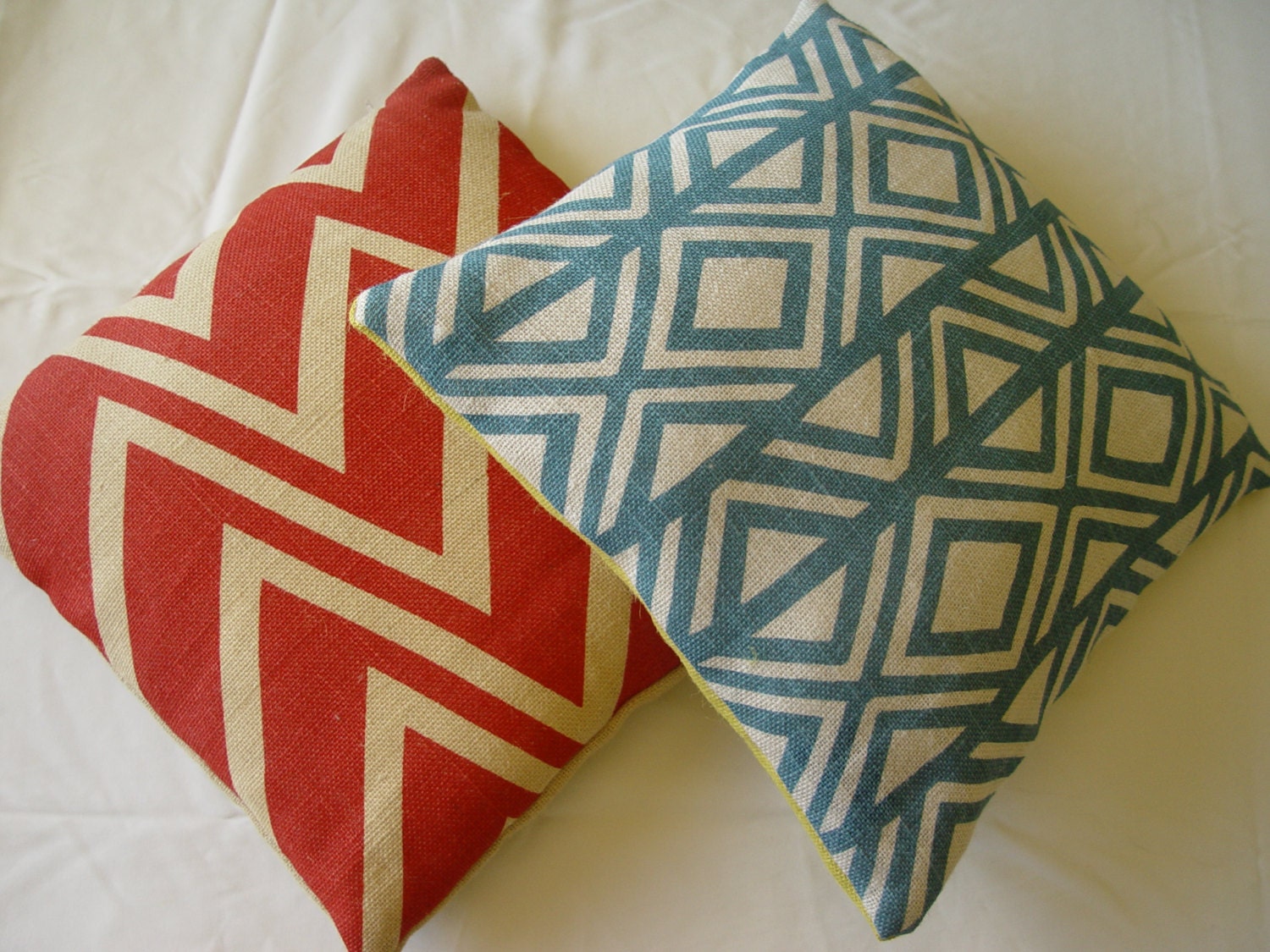 CUSHION COVERS - Set of TWO Hessian Pillows, Handmade, Red Chevron, Teal Print and Teal Design throw pillows. Indoor / outdoor cushions.