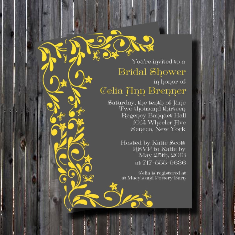 Printable Grey and Yellow Butterfly Flourish-Scroll 5x7  Bridal Shower Invitation-DIY- Elegant-Modern--print your own-Digital PDF file