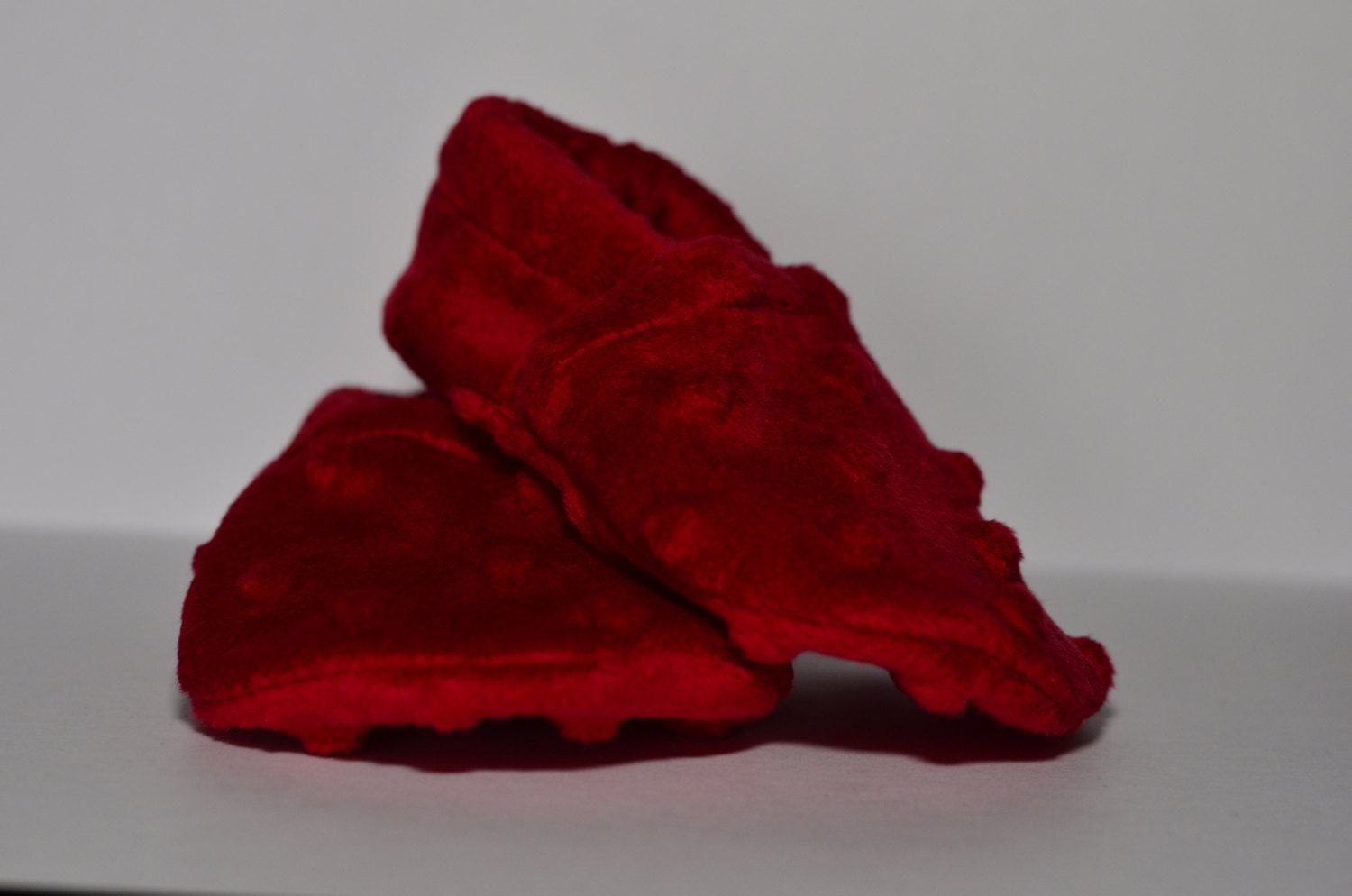 Baby booties shoes red minkee fabric, adorable, comfy, white flannel-lined.