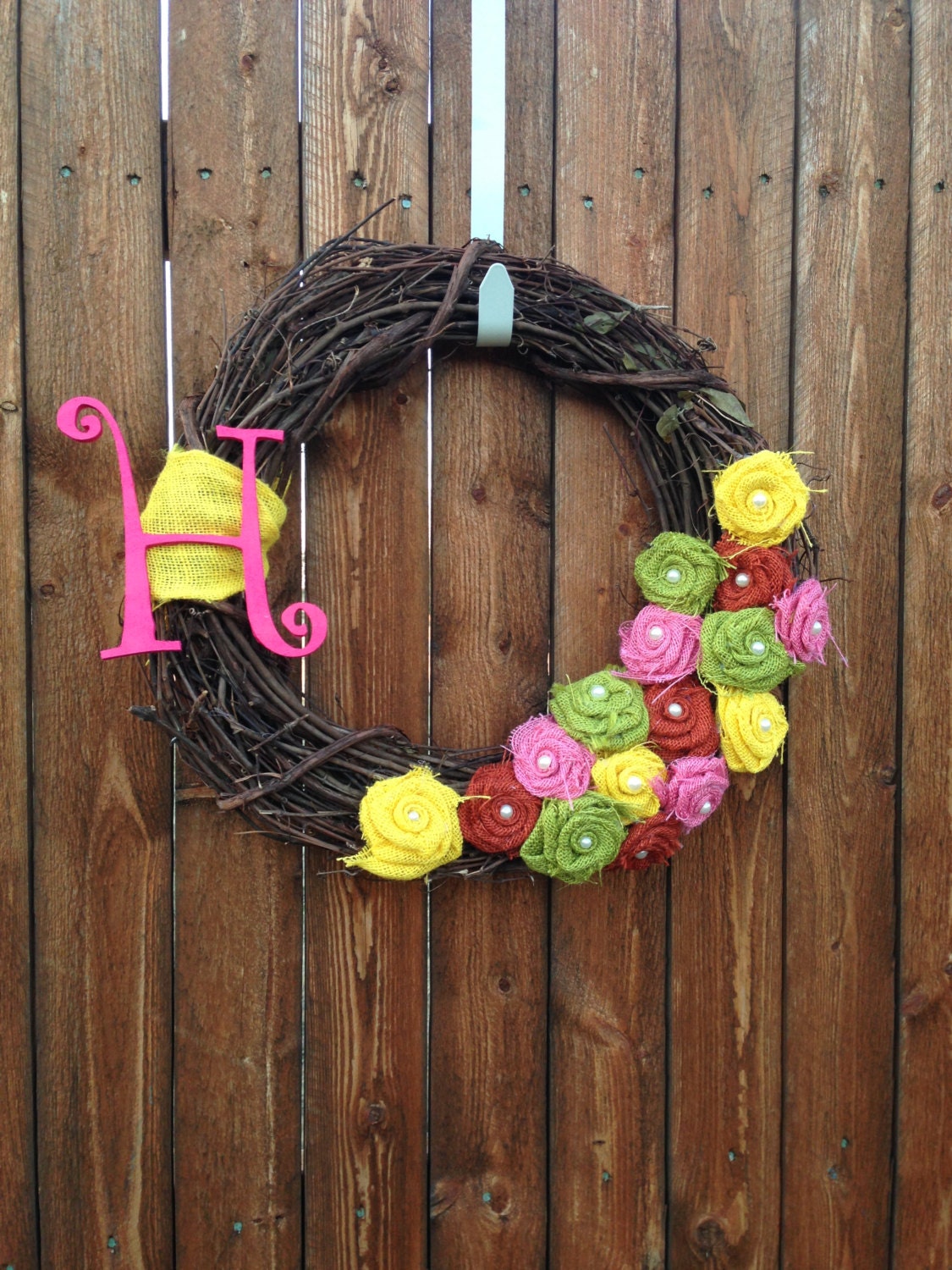 Burlap Wreath with Bright  Burlap Rosette Flowers, Grapevine Wreath with Initial, Burlap Summer and Spring Grapevine Wreath