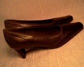 Vintage Black Leather Pumps Easy Spirit High Heel lined Shoes women ladies work comfortable rubber sole heel lycra foot wear