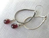 Earrings Birthstone Garnet Gemstone Teardrop Hammered Oval Dangles Sterling Silver