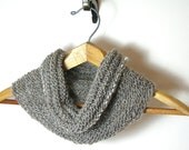 Handknit Infinity Cowl Scarf, Gray Wool, Handmade, White Trim, OOAK