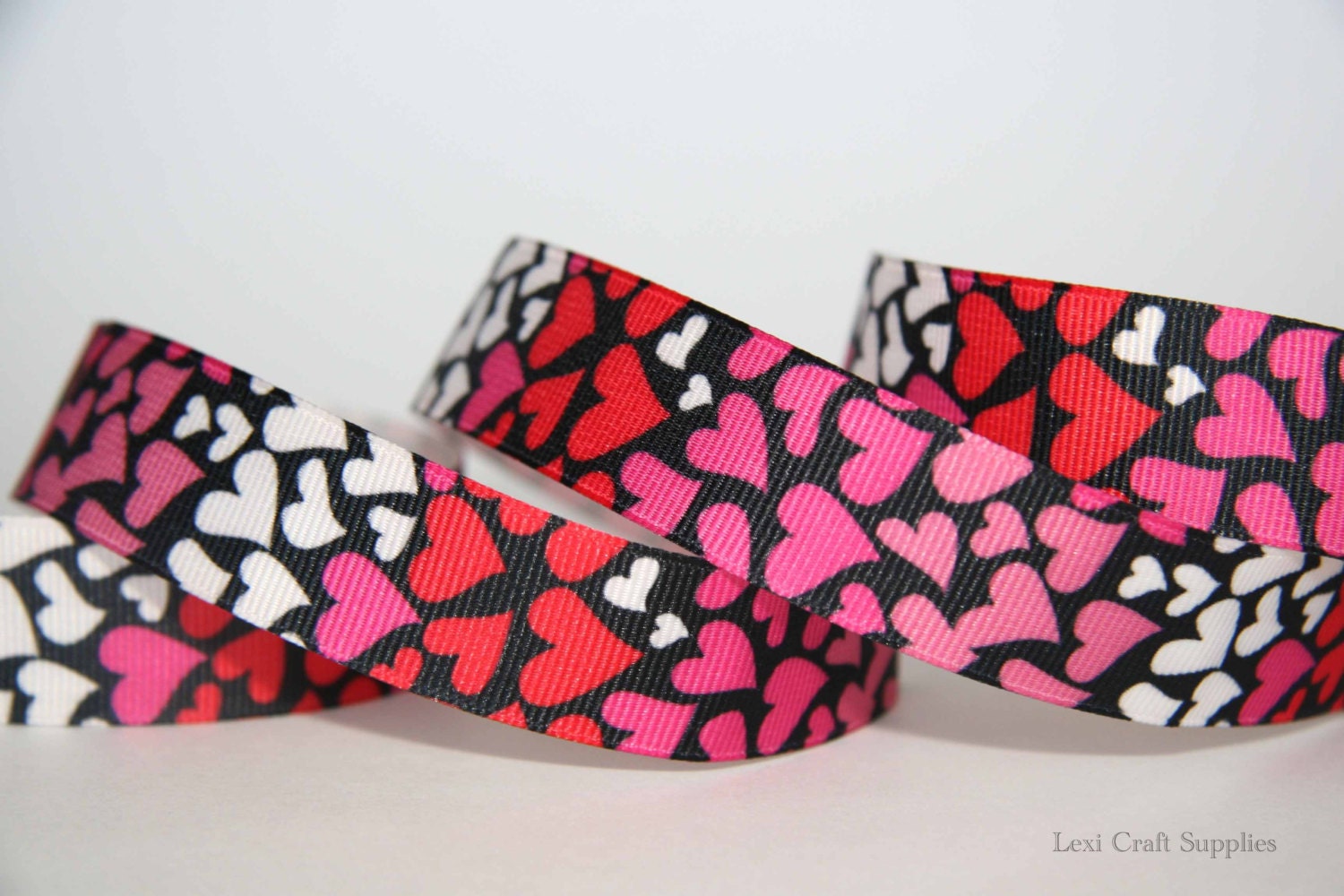 7/8" Red, Pink and White Hearts on Black Valentine's Day Grosgrain Ribbon 5 yards