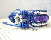 3mm Silver Metal Beads & 8-9mm Amethyst Semi-Precious Stones Dark Blue Leather Wrap Bracelet Handmade
