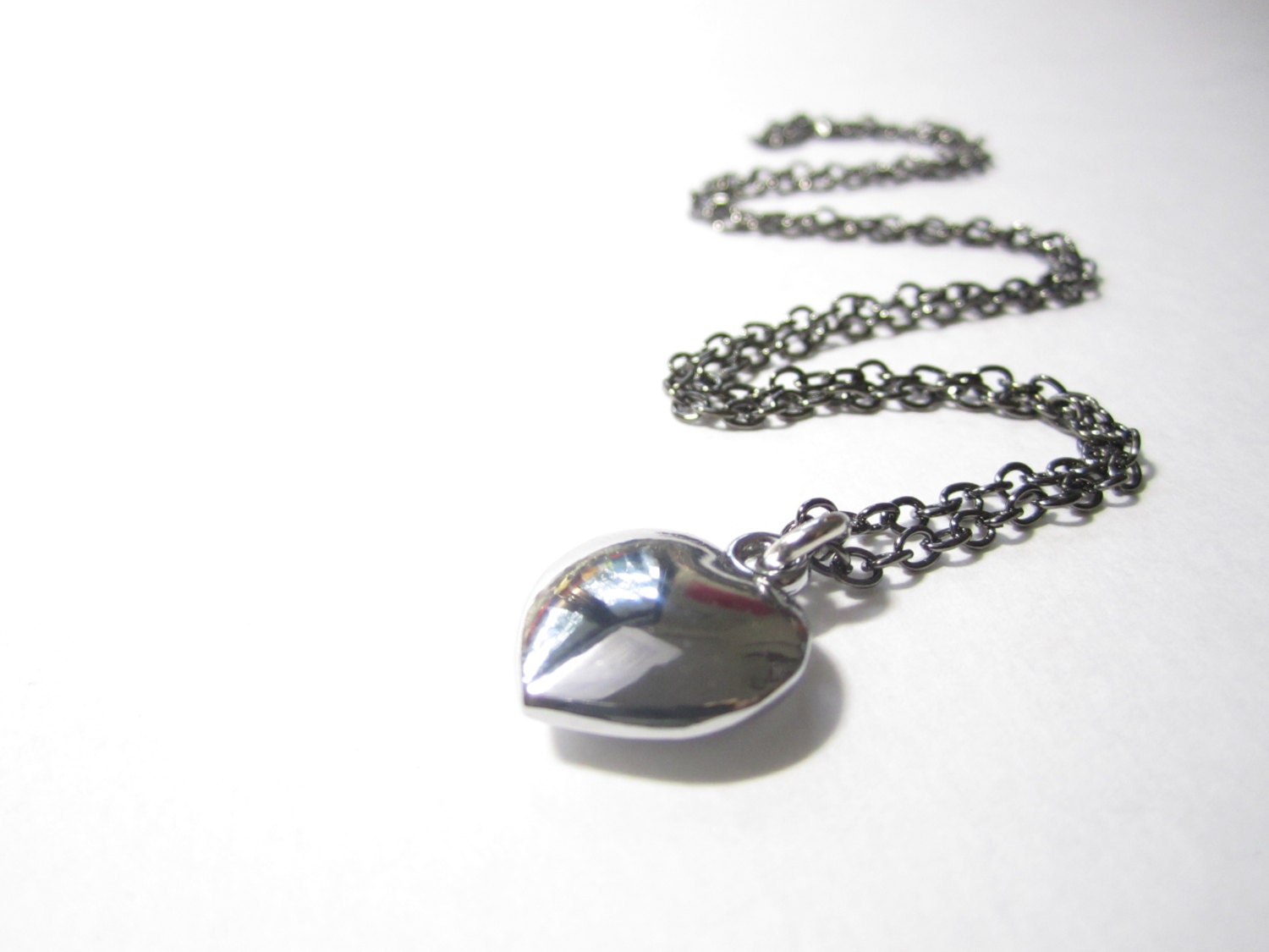 Shiny silver heart necklace on gunmetal chain - imitation rhodium heart charm - heart necklace - Valentine's Day - Valentine's gift for her