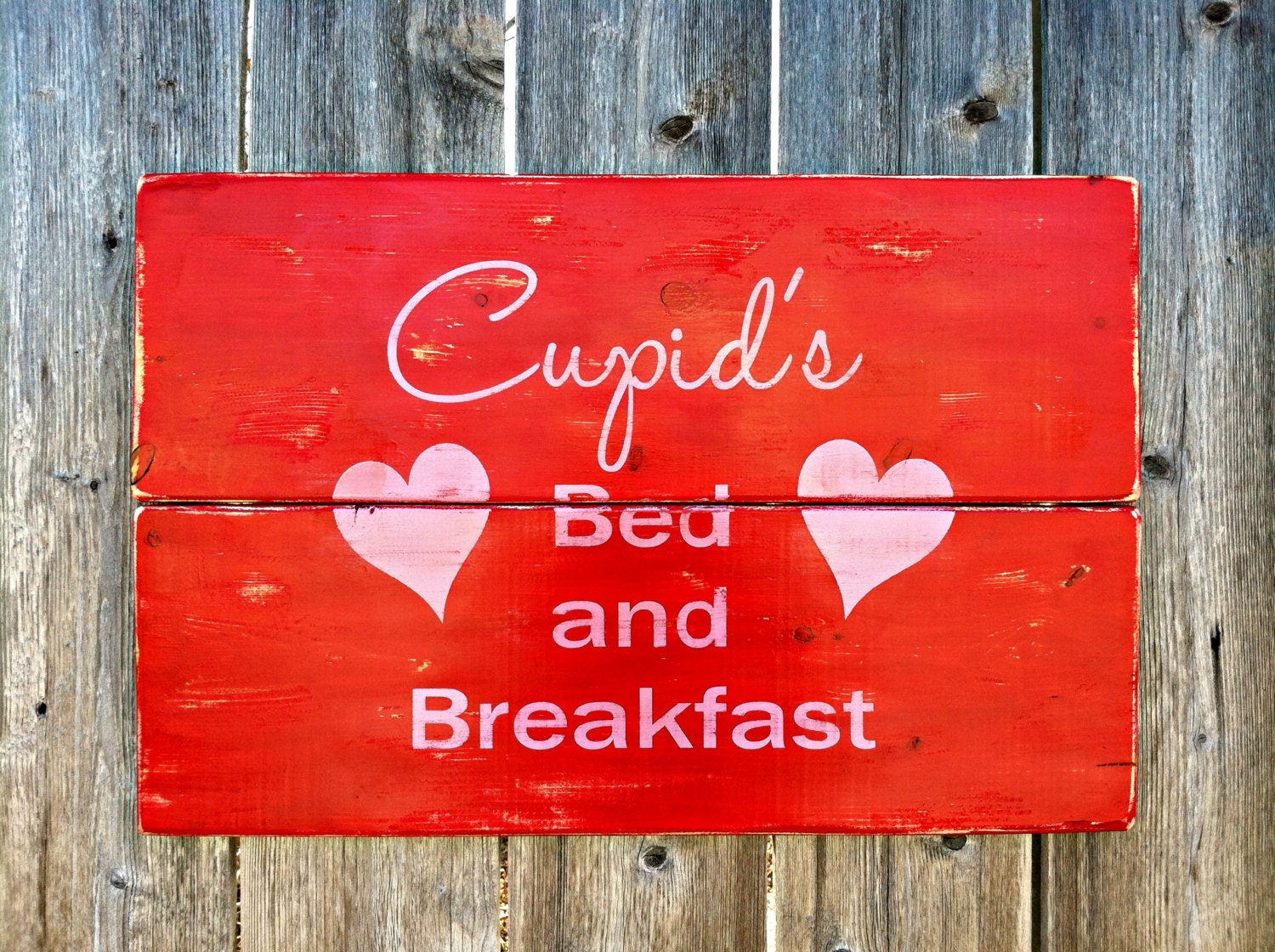 Rustic Valentine's Day Wooden Sign - Cupid's Bed and Breakfast with Hearts in Red and Pink - Handmade Wall Decor