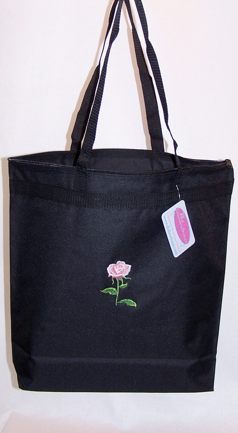 Sweet Pretty Pink Rose Large Zipper Tote Bag Custom Embroidered Monogram Flower