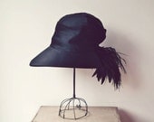 1920s Era Black Satin Silk Hat with Feathers, 1920s Vintage Fashion, High Fashion Antique Hat