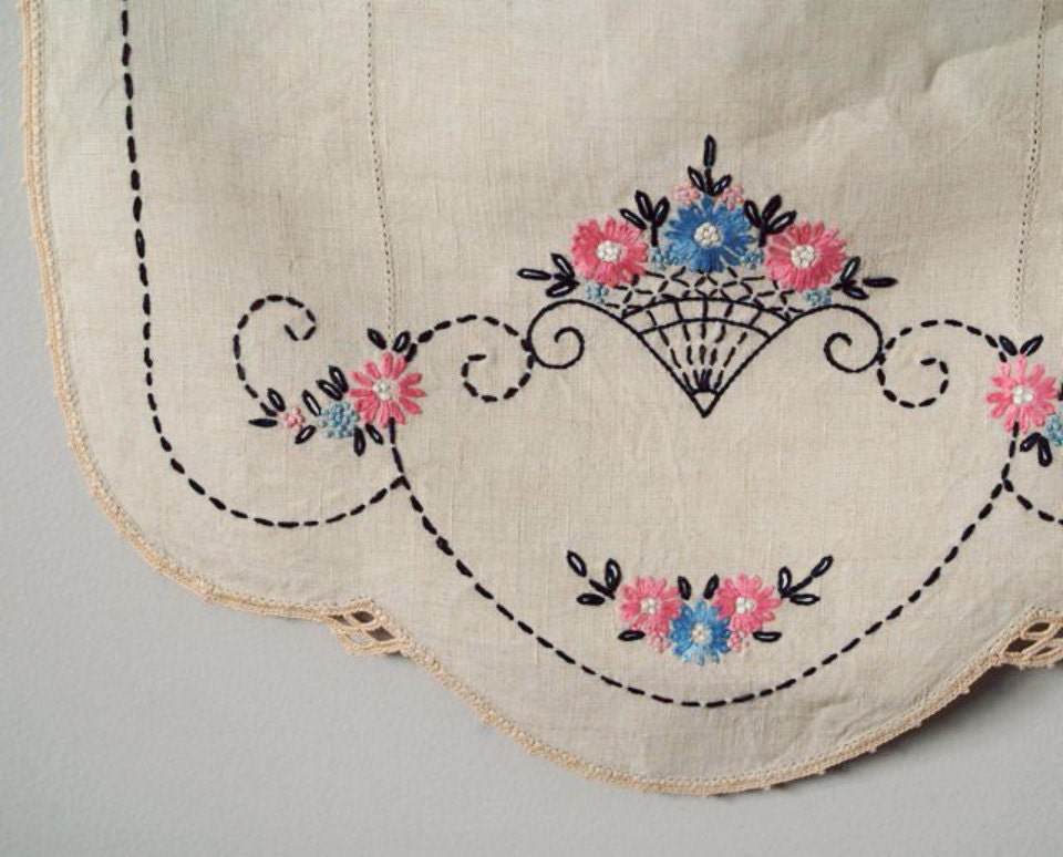 Antique Deco Embroidered Linen Panel, Vintage, Textile Panel, Needle Arts, Sewing Supply, Home Decor, Spring Flower Basket