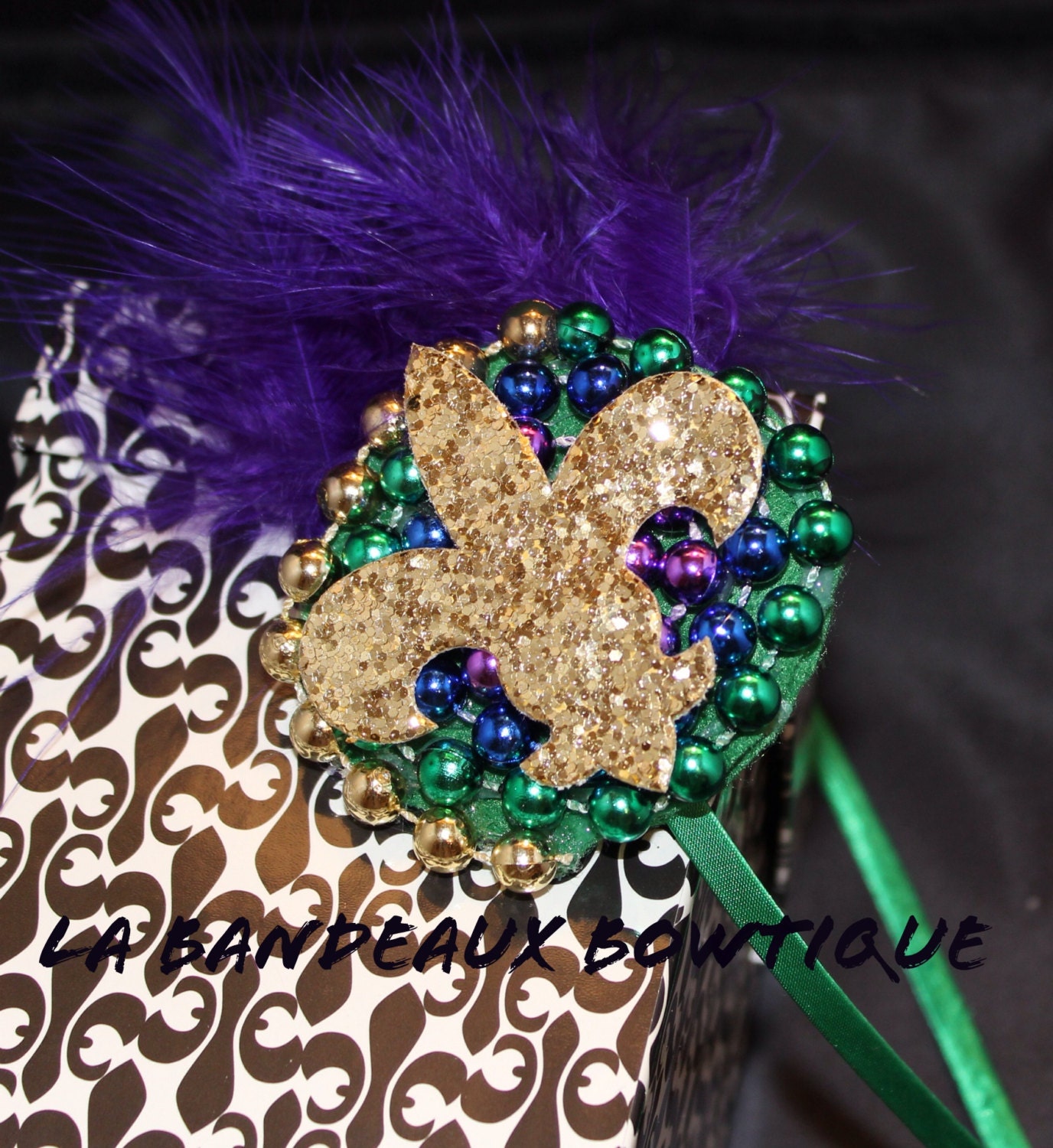 Mardi Gras Bead Headband with Gold Glitter Fleur de Lis Center