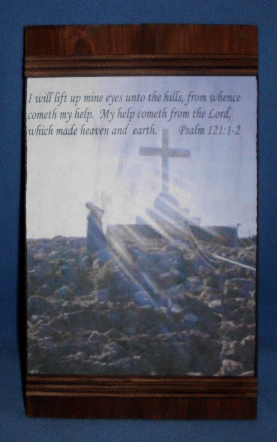 Christian Wall Hanging-Woman Leaving The Cross on Recycled Wood With Natural Finish & Wood Borders-Psalm 121:1-2