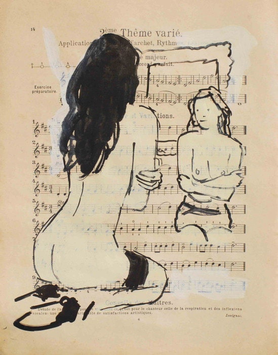 Original painting on vintage music score - Nude with reflection