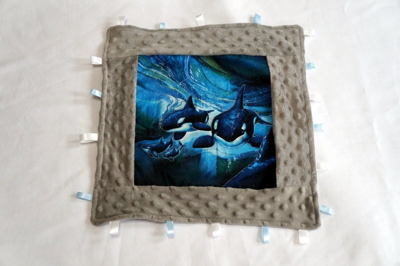 Orca Minky Cuddle Tag Lovey - Tag Lovie - Security Blanket - Orca Baby Blanket - Ocean Baby Blanket - Whale Blanket
