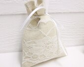 SET of 20 Linen wedding Favor bag or Gift bag with lace and white ribbon Wedding decoration bridal shower