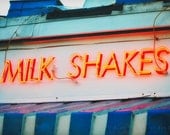 Retro Neon Sign Photograph - Milk Shakes - 5 x 7 fine art print - red orange blue yellow white glow restaurant kitchen home decor