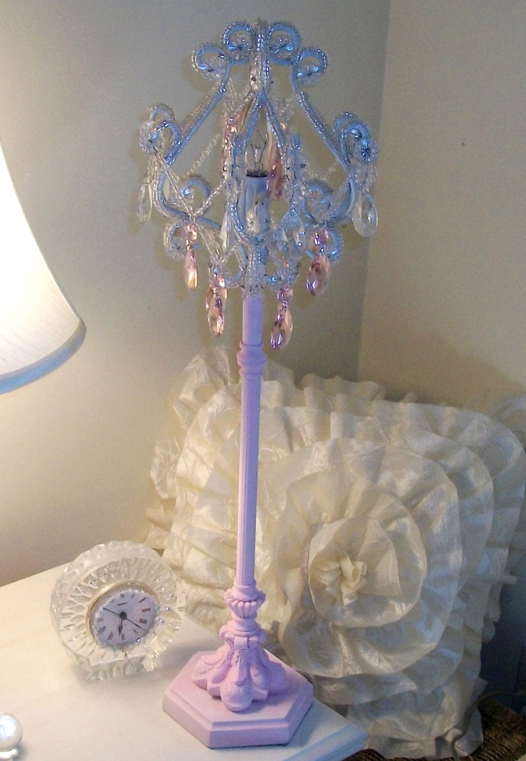 Sparkling Shabby Cottage Chic Tall Pink & White Chandelier Lamp with Prisms