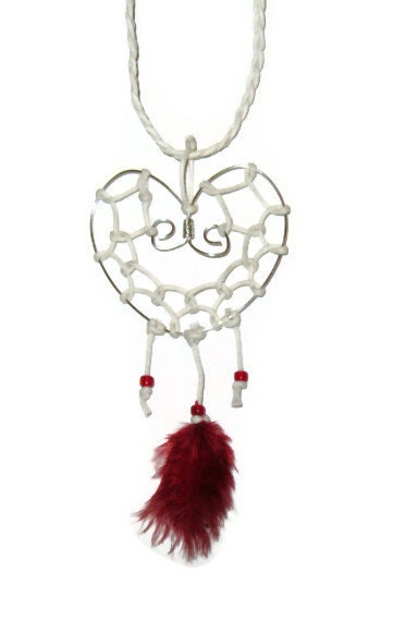 Dreamcatcher Necklace with a Wire Heart, White Cording, Red Beads & Feather - Dreamcatcher Jewelry - Handmade Necklace