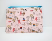 Zipper Pouch, Change Purse, Wallet, Pink, Blue, Woodland, Japanese Print