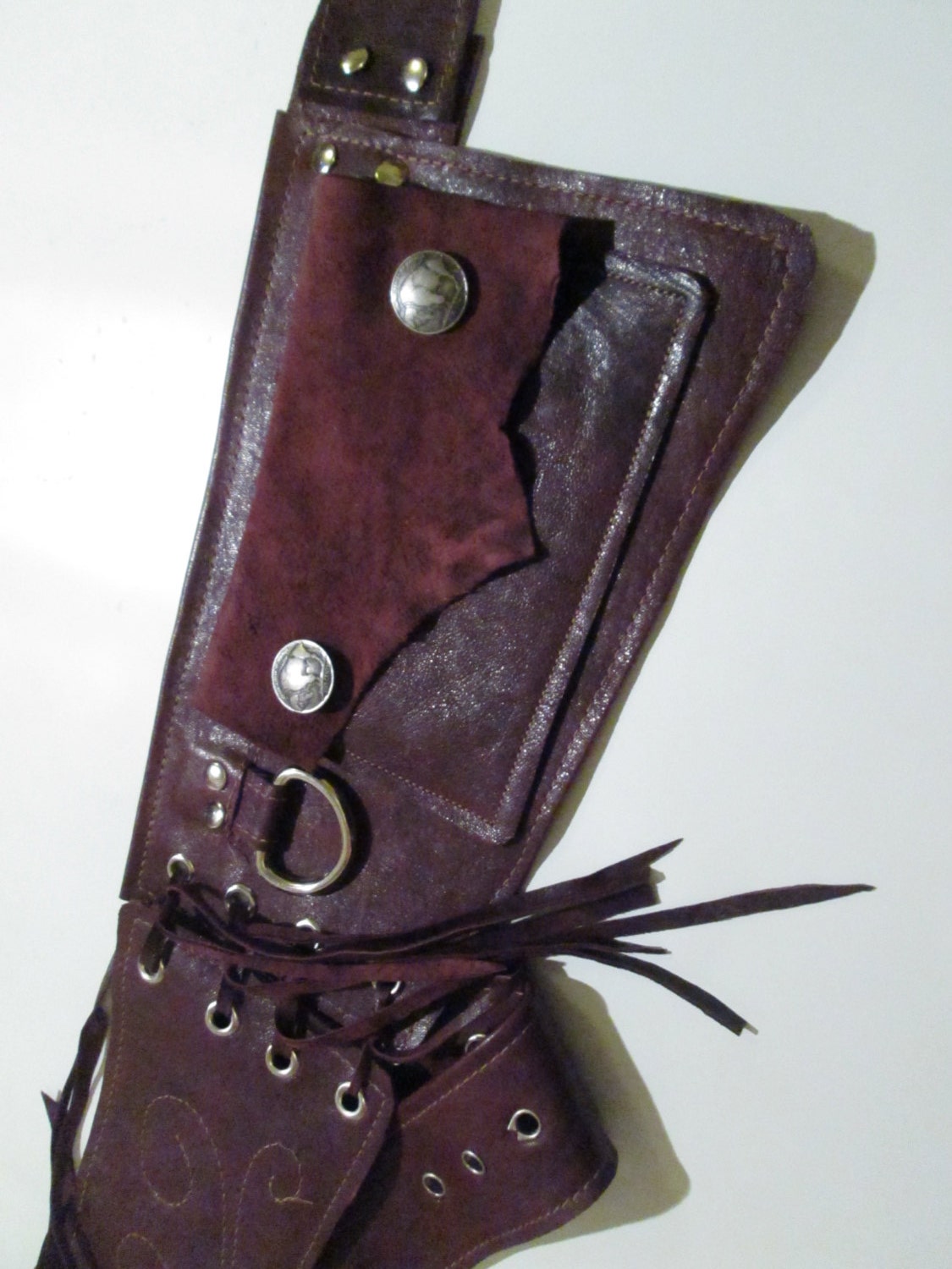 Leather Utility Festival Travel Pocket Belt L/XL deep purple/red detail stitching fringe