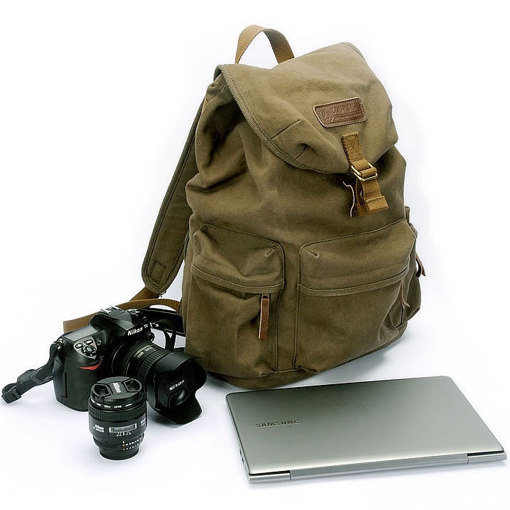 BACKPACK Safari Camera Bag  shoulders canvas with cowhide backpack - Medium Padded Camera Insert - Hand Crafted  F2003