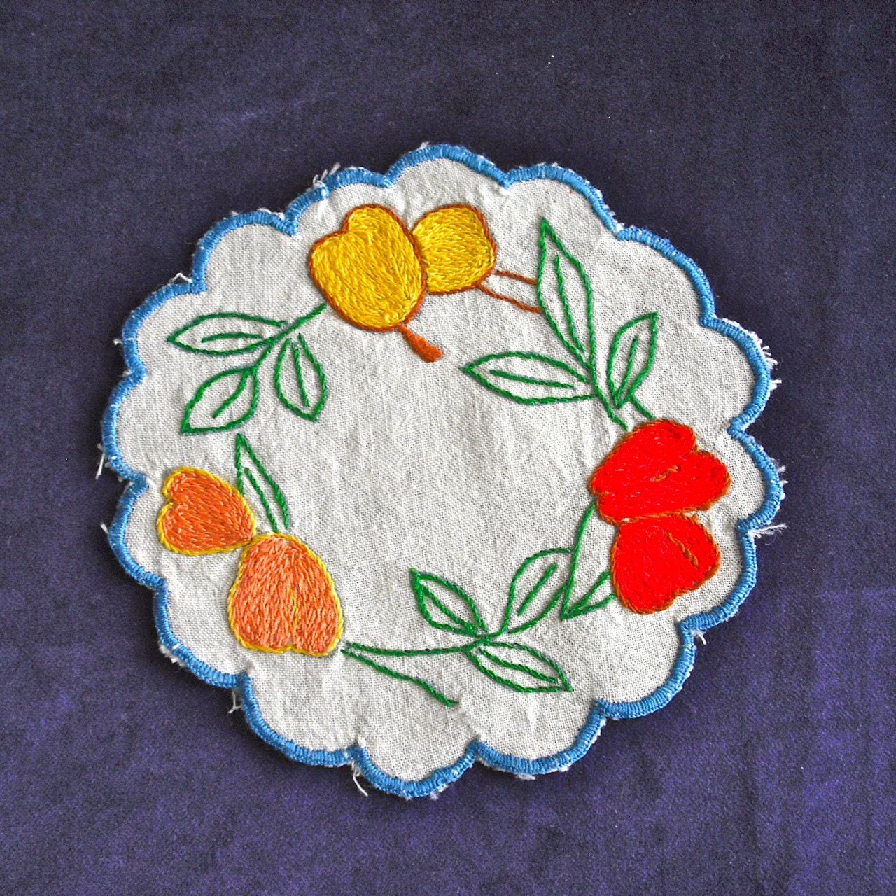 Vintage Round Hand Embroidered Doily with Fruit and Leaves 1940s
