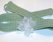 Crochet Green Flower Choker Necklace White & Pearl Bead Accents, Made in the USA, Handmade, Free Shipping