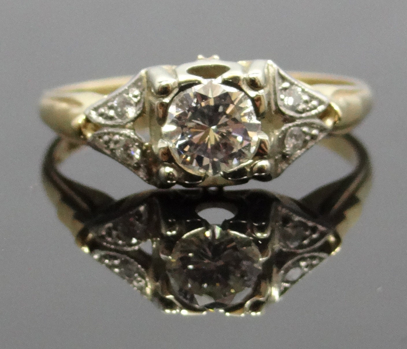 Amazing 14K Yellow and Platinum 1950s Illusion Head Diamond Engagement Ring - RGDI167P