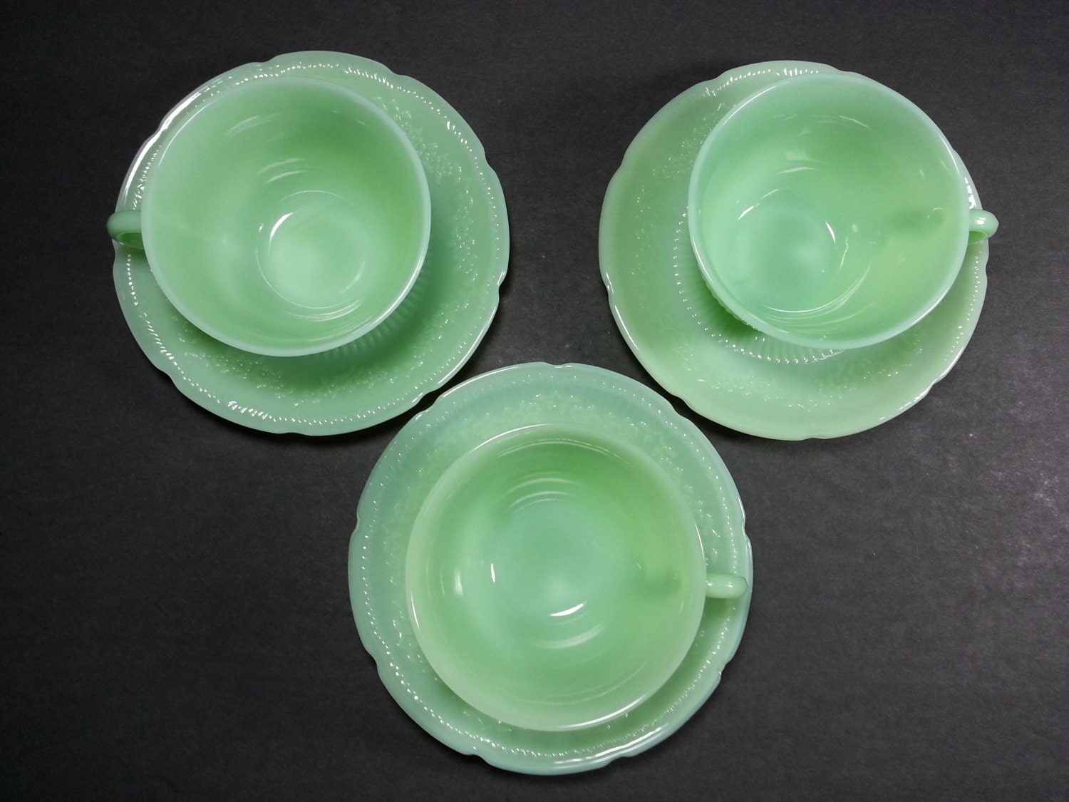 Set of 3 Vintage Fire King Jadeite Alice Cups and Saucers