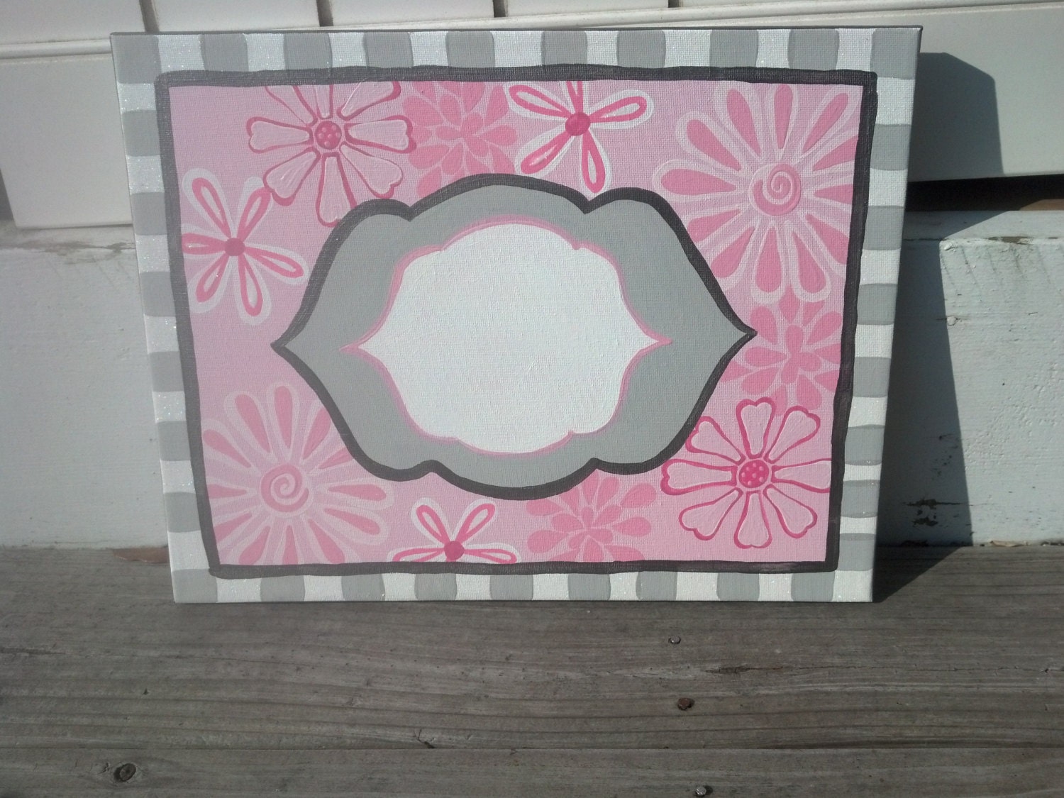 pink and grey and gray monogram canvas art for girl