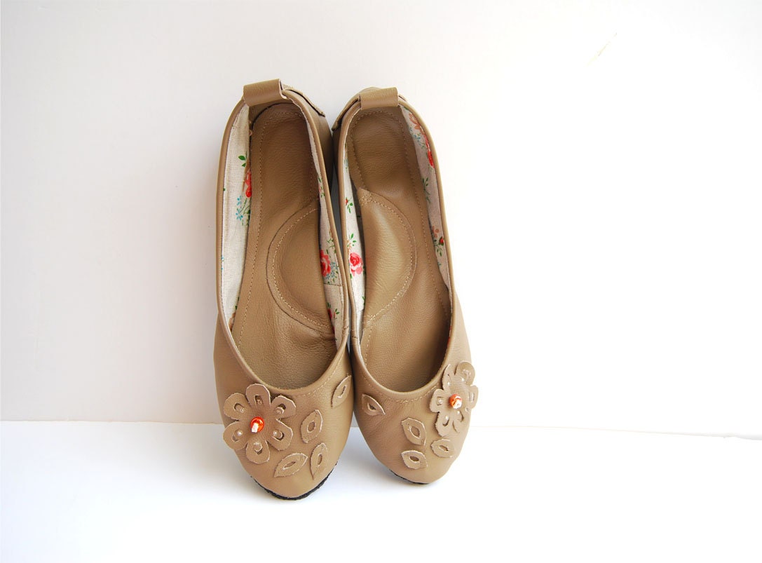 Leather and linen ballerina flat shoes chocolate brown taupe custom made