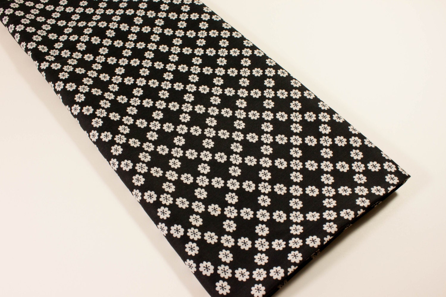 Vintage Fabric - 1980's Black with White floral print material purchased in Hong Kong China