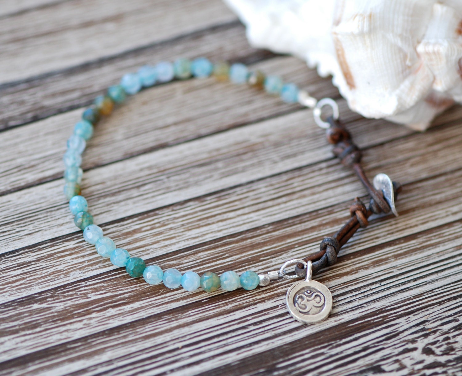 Yoga Serenity Bracelet, Blue Vein Agate, Leather, Ohm Charm Bracelet, Silver Bracelet, Artisan, Handmade Jewelry, Spiritual Jewelry