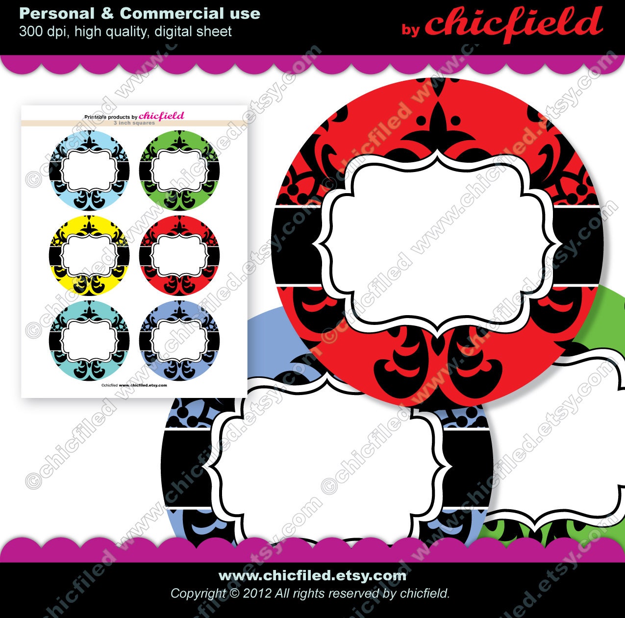INSTANT DOWNLOAD Editable JPG images Colorful patterned graphics 3" circles Printable 4x6" elegant Damask Digital Collage Sheet cf00006-11p