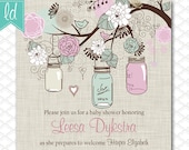 Mason Jar Invitation Printable in Soft Pink and Blue Pastels on Linen - Custom for Any Occasion - Wedding - Birthday - Boy Baby Shower