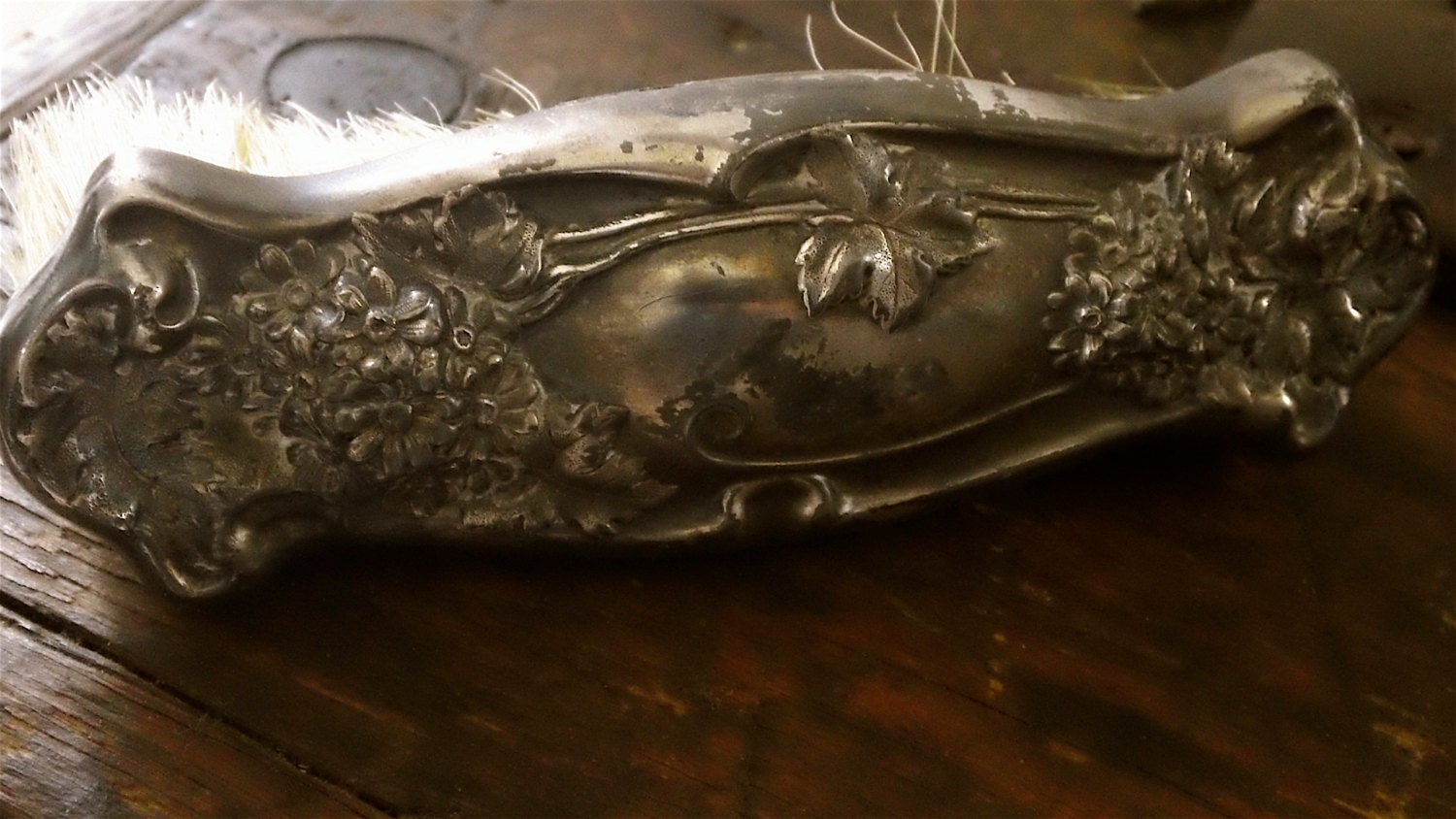 antique silver plate vanity brush - natural boar bristles