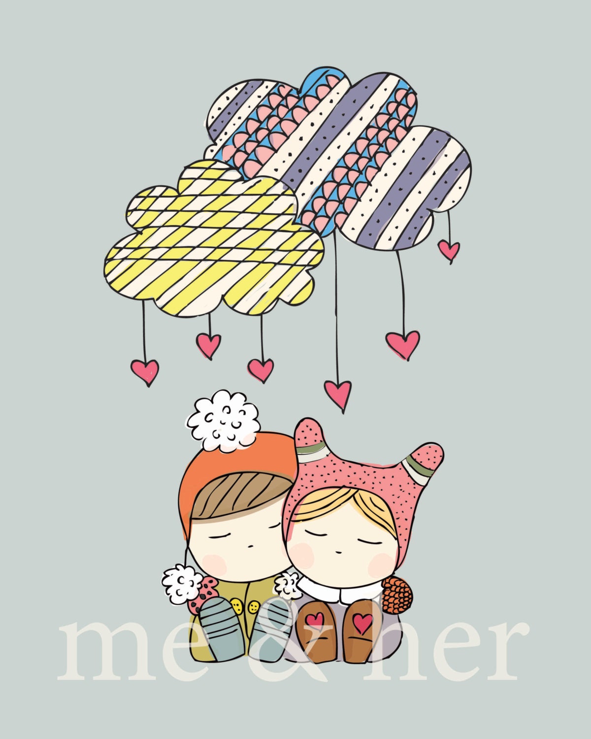 Flo and Boo Raining hearts. Pen and Ink illustration. Childrens art print